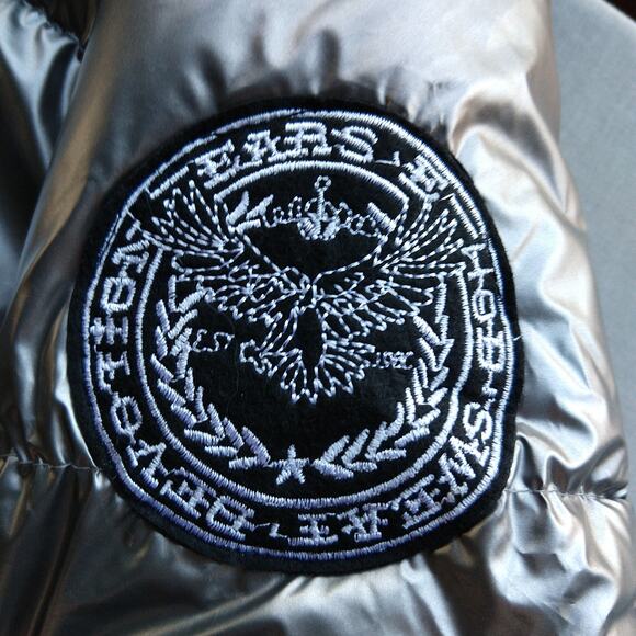 Miz 3006 Metallic Silver Puffer Coat L hooded vegan removable faux fur winter - Picture 8 of 16